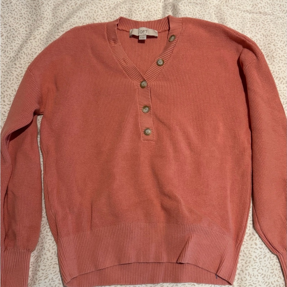 LOFT Coral Buttoned V-Neck Sweater